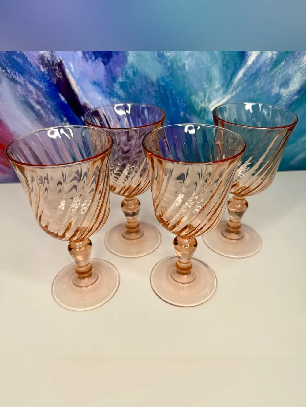 Set of 4 Arcoroc France Rosaline Pink Swirl Wine Water Goblets Stemmed Luminarc